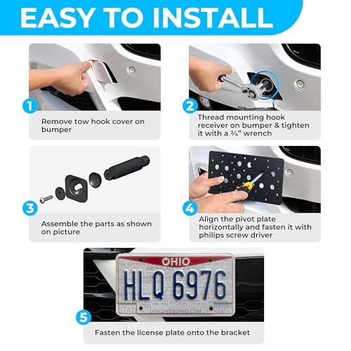 Front Bumper Tow Hook License Plate Mount Bracket for Hyundai Ioniq 5 2022-2025, Plate Holder Set w Unique Screw Bolts & Black Screw Caps, Quality Plate Holders, Car & Truck Accessories