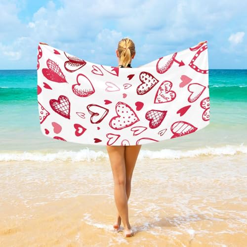 Hearts Beach Towel 30' x 60', Super Absorbent Bath Towel Quick Dry Lightweight Towel for Beach Yoga Travel Swim Camping Holiday