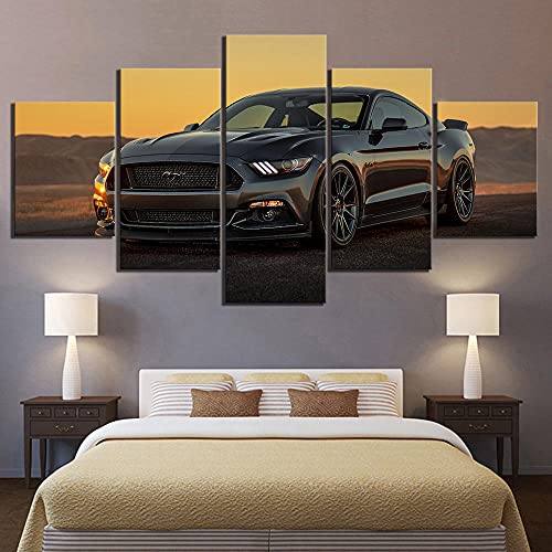 Cuadro En Lienzo Decoracion 5 Piezas HD Imagen Impresiones En Lienzo Coche De Lujo HD Coche Ford Mustang Negro Lienzo Grandes XXL Murales Pared 5 Paneles De Pinturas De Obras De Arte Moderno Cover