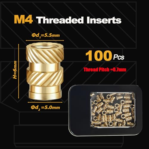 Image of Kadrick 100Pcs M4 Threaded Inserts for 3D Printing Components,M4*H6*D5.5 Metric Brass Knurled Nuts, Insert by Heat into Plastic Parts
