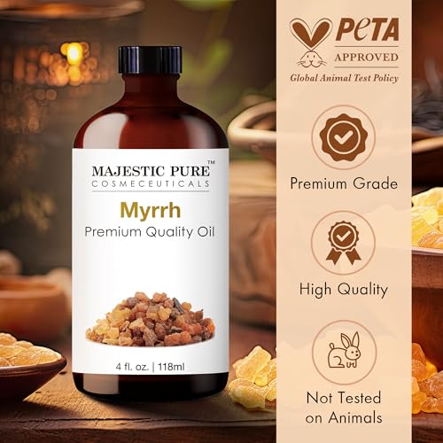 Image of Majestic Pure Essential Oil with Glass Dropper - 100% Pure and Natural - Essential Oils for Diffuser, Aromatherapy, Soap and Candle Making, Myrrh Essential Oil, Myrrh Oil, 4 Fl Oz (Pack of 2)