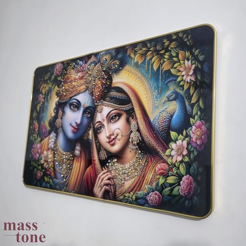Image of Masstone Radha Krishna Crystal Embedded High Gloss Wall Painting, Golden Slim Frame, 45x30 Cm Wall Art for Living Room, Bedroom, Office & Home Decor (CRG57)
