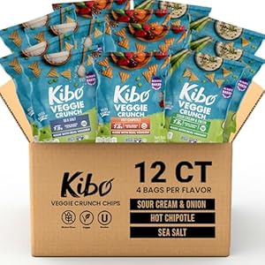 Kibo Veggie Chips Variety Snack Set – 7g Plant-Based Protein – Bold Flavors: Sea Salt, Hot Chipotle & Sour Cream & Onion – Gluten-Free, Non-GMO, Vegan, Dairy-Free – Fun Crunchy 3D Bite-Size Triangles – 12 Pack