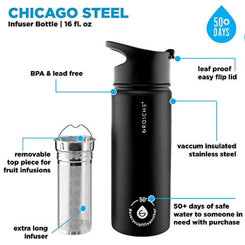 Grosche Chicago Steel Infuser Bottle, Tea Infuser Flask, Infuser Water Bottle Thermos, Insulated Stainless Steel Flask With Tea Infuser (Black, 16 Fl Oz) #TOP1