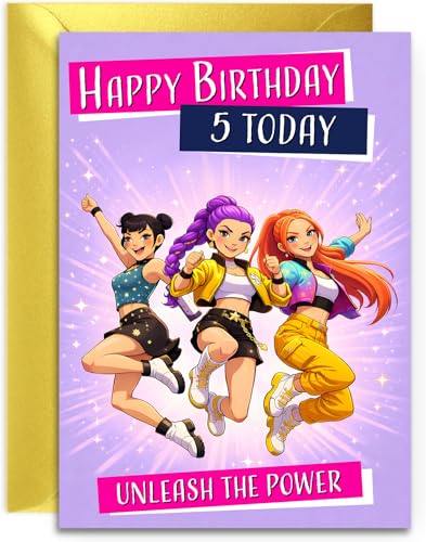5th Birthday K-Pop Girls Birthday Card Kpop Colourful Popstar Unleash the Power Design Verse Inside for Girl 5th Birthdays 5th Daughter Sister Friend A5 Size Card with Gold Envelope