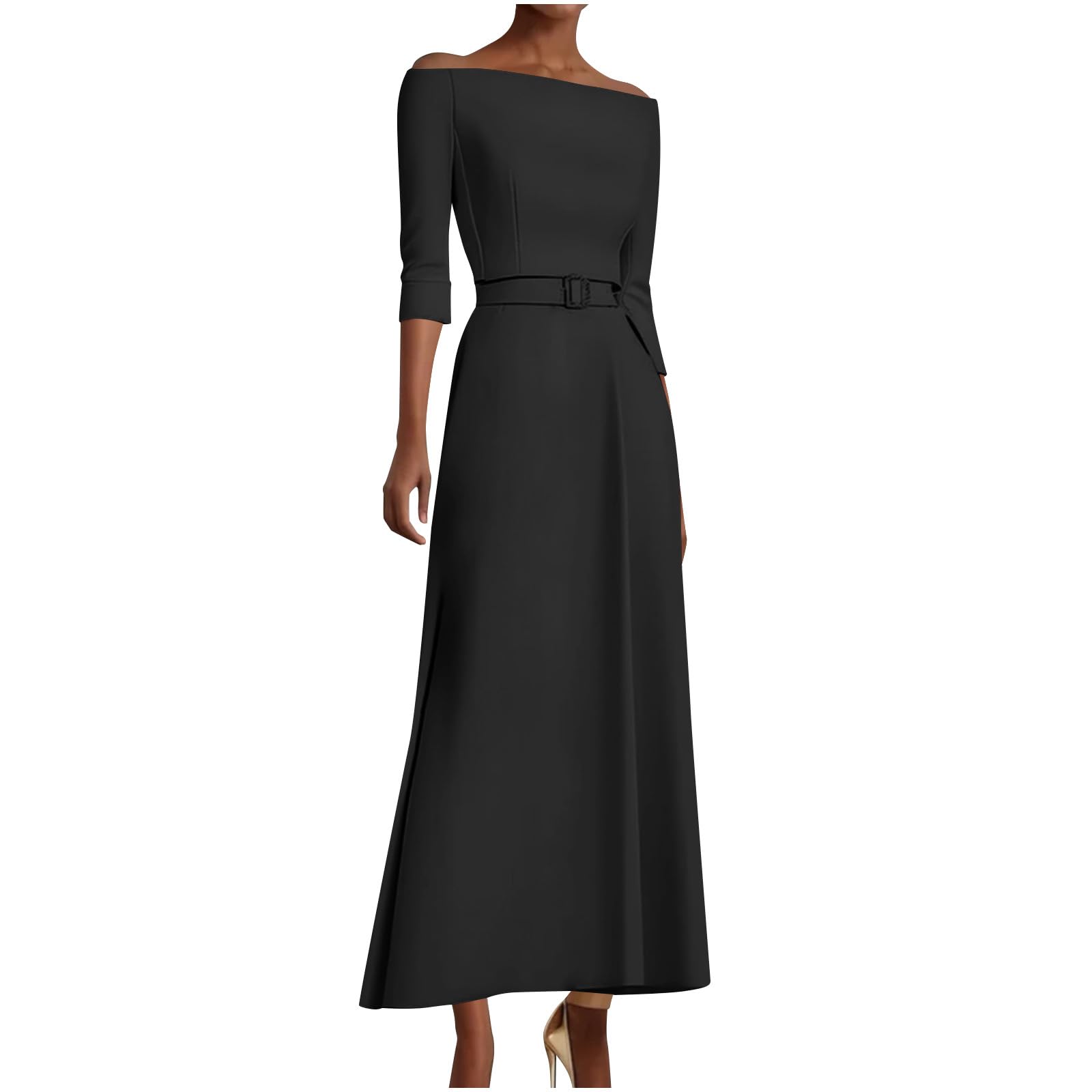 Off Shoulder Bodycon Dress for Women Semi Formal Fall Winter 3 4 Sleeve Slim Fitted Business Work Dresses