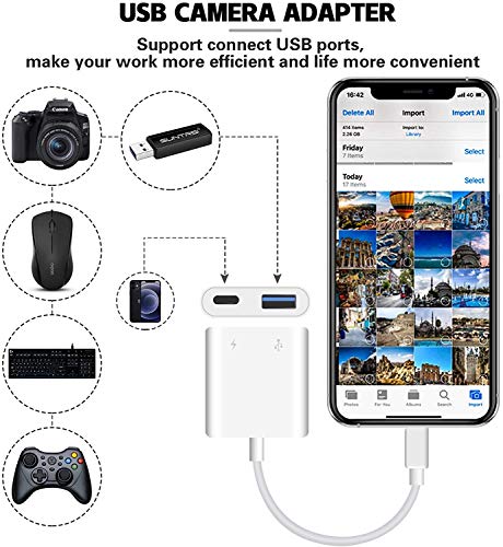 [Apple Mfi Certified] Lightning To Usb Camera Adapter For Iphone, Usb Otg Adapter With Fast Charging Port Portable Compatible With Iphone/Ipad/Card Reader/Usb Flash Drive/Keyboard/Mouse Plug And Play #TOP2