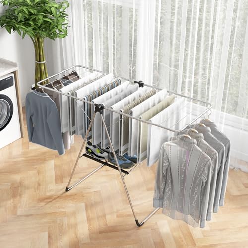 Image of Tangkula Collapsible Clothes Drying Rack, 2-Level Folding Aluminum Drying Rack w /Height-Adjustable Wings, Bottom Shoe Rack, Space-Saving Laundry Drying Rack for Indoor & Outdoor Use, Silver