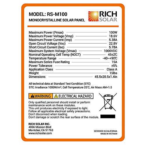 RICH SOLAR 100 Watt 12 Volt Monocrystalline Solar Panel High Efficiency Solar Module Charge Battery for RV Trailer Camper Marine Off Grid