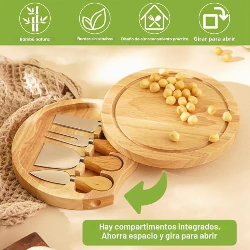 Miniatura 4 de Gykutix Tabla De Quesos De Madera Y 4 Piezas Cuchillos Para Queso Set, Tabla Quesos Redonda Con Cuchillo Queso Para Servir Embutidos, Picnics, Fiestas, Frutas, Verduras, Carne