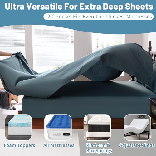 Image of Extra Deep Pocket King Sheets 18-24 Inch 100% Egyptian Cotton 1000 Thread Count Sateen Weave Soft Breathable 4 Pieces(King,Lake Blue)