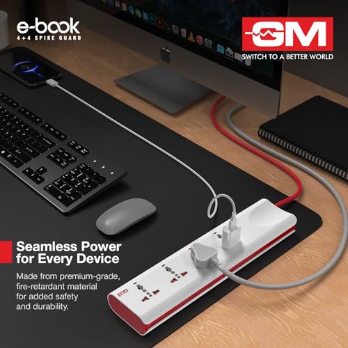 Image of GM 3061 E-Book Power Strip | 4 Universal Sockets + Individual Switches | 2m Heavy-Duty Cord | Thermal Trip Overload Protection | LED Indicator | Child Safety Shutters