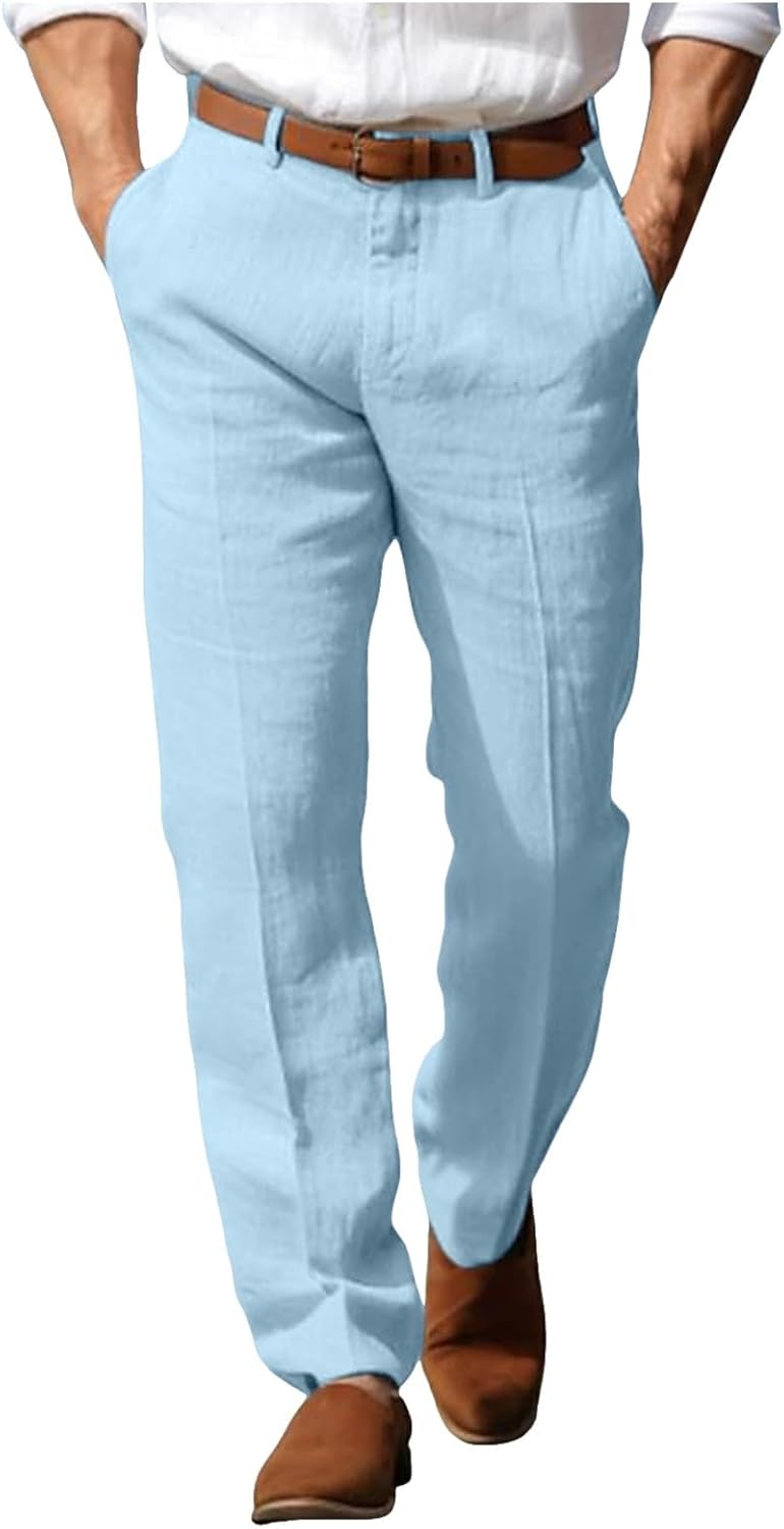 Generisch Men’s White Cotton/Linen Baggy Jogger Pants with Pockets, Size Large, Wide Leg, Mid Rise, Elastic Waist, Drawstring Hem, Multi-Sport, Ankle Length