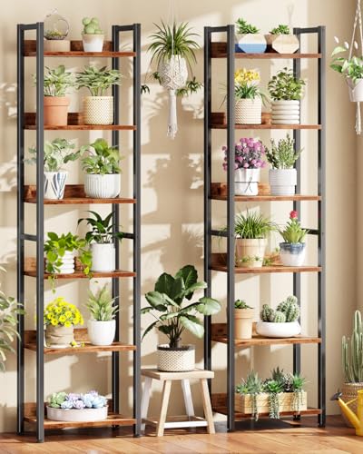 Image of Furologee Book Shelf Set of 2, 6 Tier Tall Shelf with Drawer, Bookshelves and Bookcases Set of 2, Industrial Display Shelving Unit for Bedroom, Living Room, Home Office, Rustic Brown