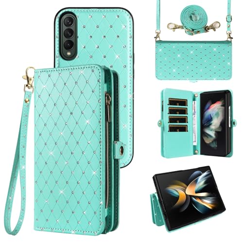 Asuwish Phone Case for Samsung Galaxy Z Fold 3 5G 2021 Zipper Wallet Detachable Cell Cover with Crossbody Lanyard Strap Glitter Flip Card Holder Slot ZFold3 Z3 Fold3 3Z ZFold35G Women Men Girls Green