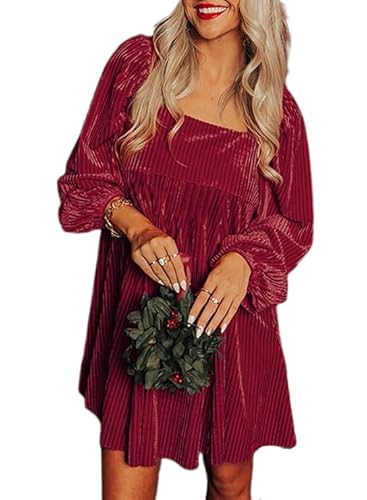 Chvity Women's Long Lantern Sleeve Velvet Mini Dress Sexy Fashion Backless Tied Dresses Casual Going Out Party Dress Red