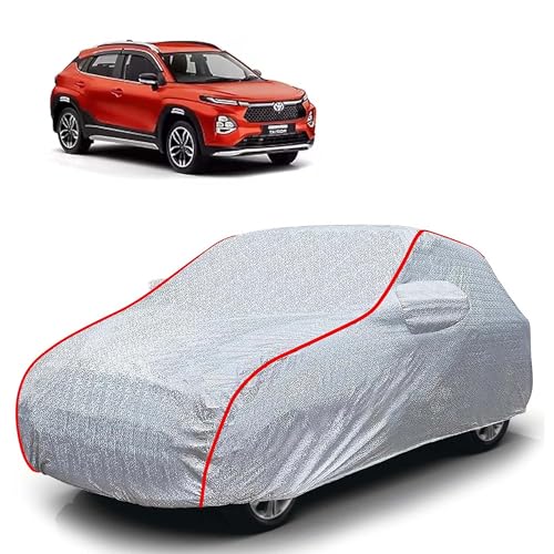 Image of Sulfar 100% Waterproof Car Body Cover Compatible with Mirror for Toyota Urban Cruiser Tiasor(Breeza) (Triple Stitched, Full Bottom Elastic, Magic Silver with Red Piping)