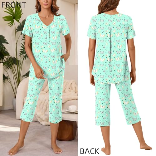 Image of Bestbee Women's Pajama Sets 2 Piece Lounge Outfits Summer Sleepwear V Neck Short Sleeve Capri Pant With Pockets Ladies Pjs