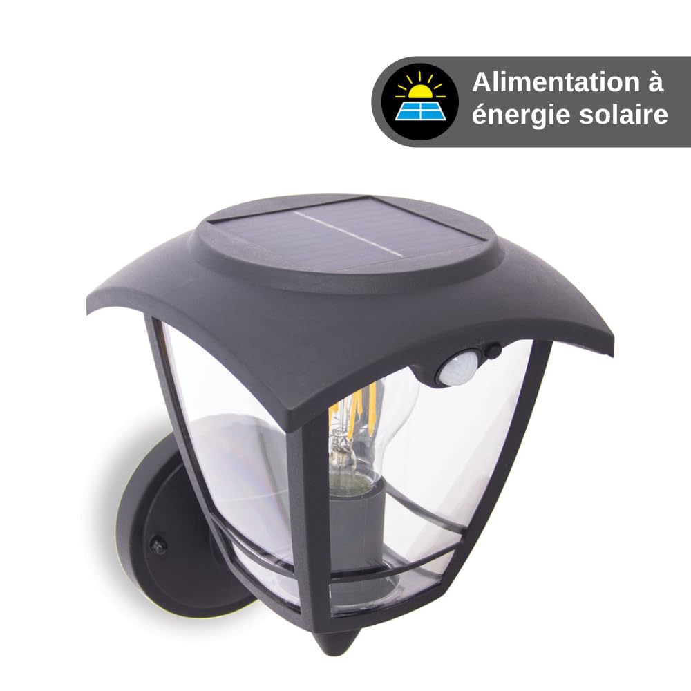 Xanlite Applique Murale Solaire Rétro Noire LED avec Détecteur de Mouvement, IP44, 400 Lumens, 3000K Blanc Chaud, Autonomie 33h – Éclairage Décoratif Solaire Intelligent pour Jardin ou Terrasse