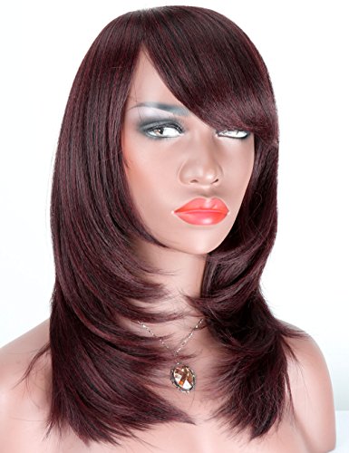 Aiva Hair Women's Synthetic Wigs with Oblique Bangs Mid Shoulder Length 99J Italian Yaki Straight Full Machine Made Realistic Wig