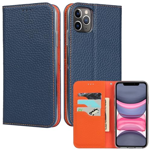 Housse cuir véritable iPhone 11 Pro Max étui portefeuille bleu RFID