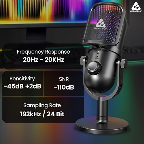 Image of Audio Array AM-C47 RGB USB Condenser Mic Kit | AI Noise Cancellation, 192kHz /24Bit Studio Quality, Touch Control, Headphone Monitoring | Podcasting, YouTube, Gaming & Streaming | Mac /PC & Mobile