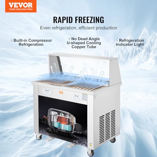 Image of VEVOR Fried Ice Cream Roll Machine, 2Pcs 13.8 inch x 13.8 inch Square Stir-Fried Ice Cream Pans, Stainless Steel Commercial Rolled Ice Cream Maker with Compressor and 4 Scrapers, for Ice Cream, Frozen Yogurt
