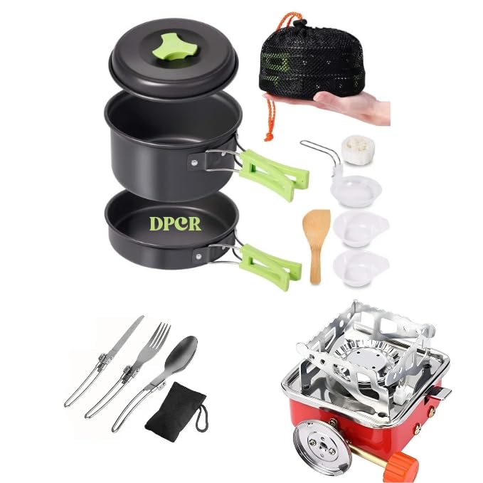 Image of 14-Piece Camping Cookware Mess Kit with Portable Gas Stove, Lightweight Nonstick Pot & Pan Set with Spork, Bowls, Sponge & Travel Bag - Compact Outdoor Cooking Gear for Backpacking, Hiking
