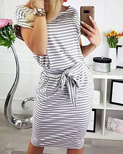 Image of PRETTYGARDEN Women's Summer Short Sleeve Crewneck Striped Dress Basic Solid Tie Waist Office T Shirt Dresses Pockets