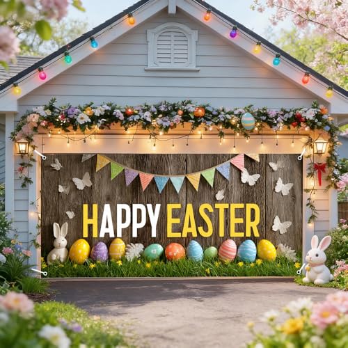 Image of Easter Garage Door Cover 157.48 x 70.87 Inch Rustic Wood Background Colorful Eggs Bunting Flags Happy Easter Text Vibrant Outdoor Decor Spring Celebration Family Party Garage Display