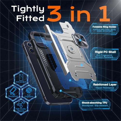 Image of Anqrp Heavy Duty Case for iPhone 12 Mini Case with Enhanced Ring Holder Grip Stand, Military Grade Shockproof Rugged Drop Protective Silicone Hard Slim iPhone 12 Mini Phone Case Cover,Silver