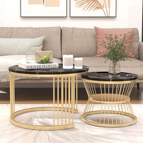 Image of Roldo Modern Nesting Coffee Table Set of 2 for Living Room, Round Coffee & Side Table with Metal Frame and Marble Finish MDF Top, Center Table for Sofa, Home Decor Office & Apartment (Gold Black)