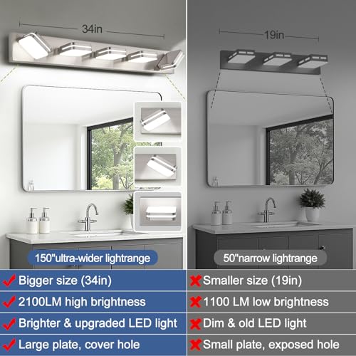 Image of Torondo 360 Rotate LED Bathroom Vanity Light Fixtures, Acrylic Vanity Lights for Bathroom, Modern Wall Lighting Fixtures Over Mirror Living, Brushed Nickel, Natural White, 5-Light, 34-Inch