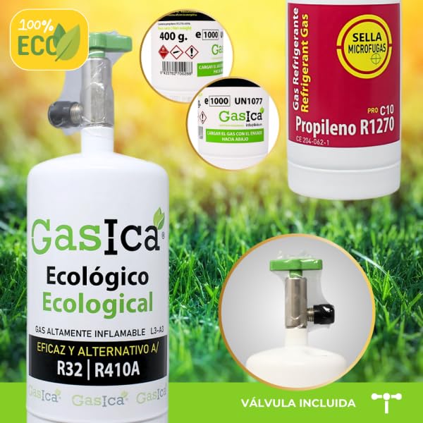 2x Envases GASICA C10 PRO - Gas Refrigerante Ecológico Orgánico - Equivalente a 1.6Kg de R410A y R32- Alternativa para R410A y R32-400g Neto por envase