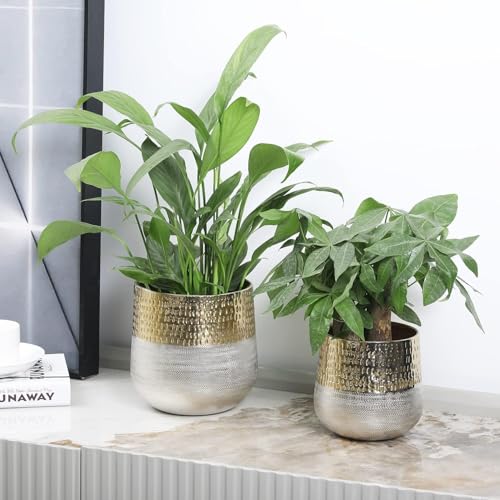 Mygift DECO2912GOL Round Two-Toned Indoor Planter Pot, Hammered Brass And Milled Embossed Silver Tone Metal Planter Vase thumb #1