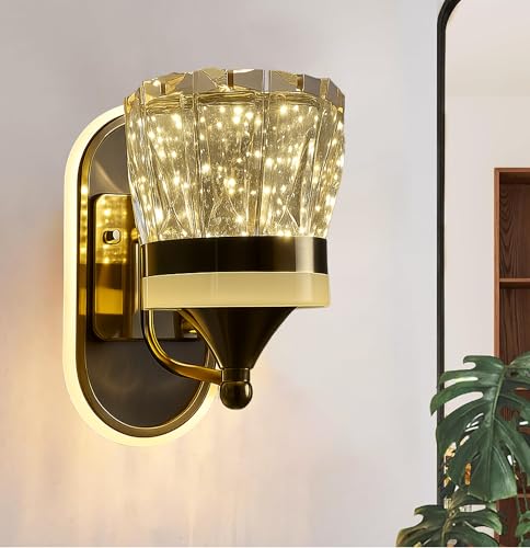 Image of SINOMAN Modern LED Wall Lamp with Golden Finish and Crystal Glass Shade Decorative Indoor Wall Light 3 in 1 Color Changing, (Warm, Neutral, Cool White) Ideal for Living Room, Bedroom, and Home Decor
