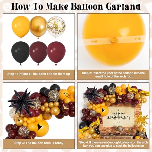 Image of Ouddy Life 172pcs Magical Wizard School Balloons Garland Arch Kit | Burgundy Black Gold Yellow Confetti Snitch Star Foil Balloon for Magic Themed Birthday Decorations Baby Shower Party Supplies