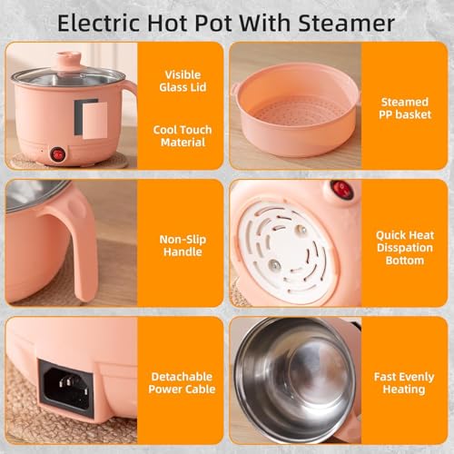Image of Electric Multipurpose Cooking Pot 1.2L with Steamer Basket & Glass Lid - Stainless Steel Inner Mini Cooker, Portable Hot Pot for Rice Noodles Soup Pasta | Travel Cooker for Home, Office, Hostel (Cream)
