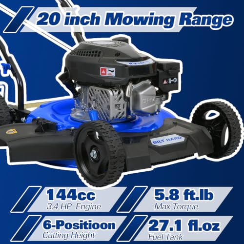 Image of BILT HARD 20 Inch Gas Lawn Mower with 144cc 4-Stroke OHV Engine, Side Discharge Push Walk-Behind Mower, 6-Position Height Adjustment for Lawn, Yard & Garden Care