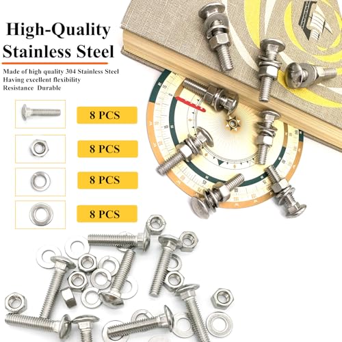 Image of 8 Sets 5 /16 inch-18 x1-1 /2 Carriage Bolts Round Head Square Neck Screws with Hex Nuts Flat Washers Spring Lock Washers 304 Stainless Steel Full Thread Coverage Square Neck Bolts Assortment Kit