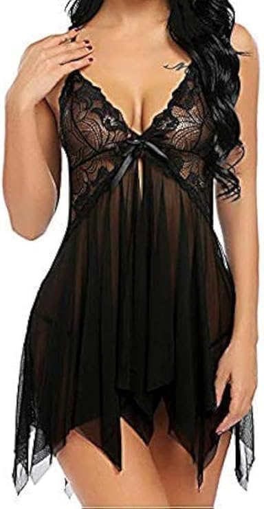Women's Lace-Trimmed Babydoll Nightgown, Burgundy, V-Neck Spaghetti Strap Sleepwear-picture-28