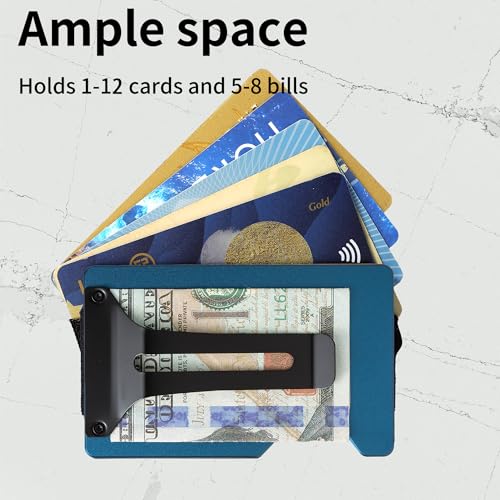 Image of Minimalist Carbon Fiber Wallet for Men, Money Clip Cash Strap Wallet, RFID Blocking Metal Wallet Aluminum Card Holder,Front Pocket Wallet(Matte Blue)