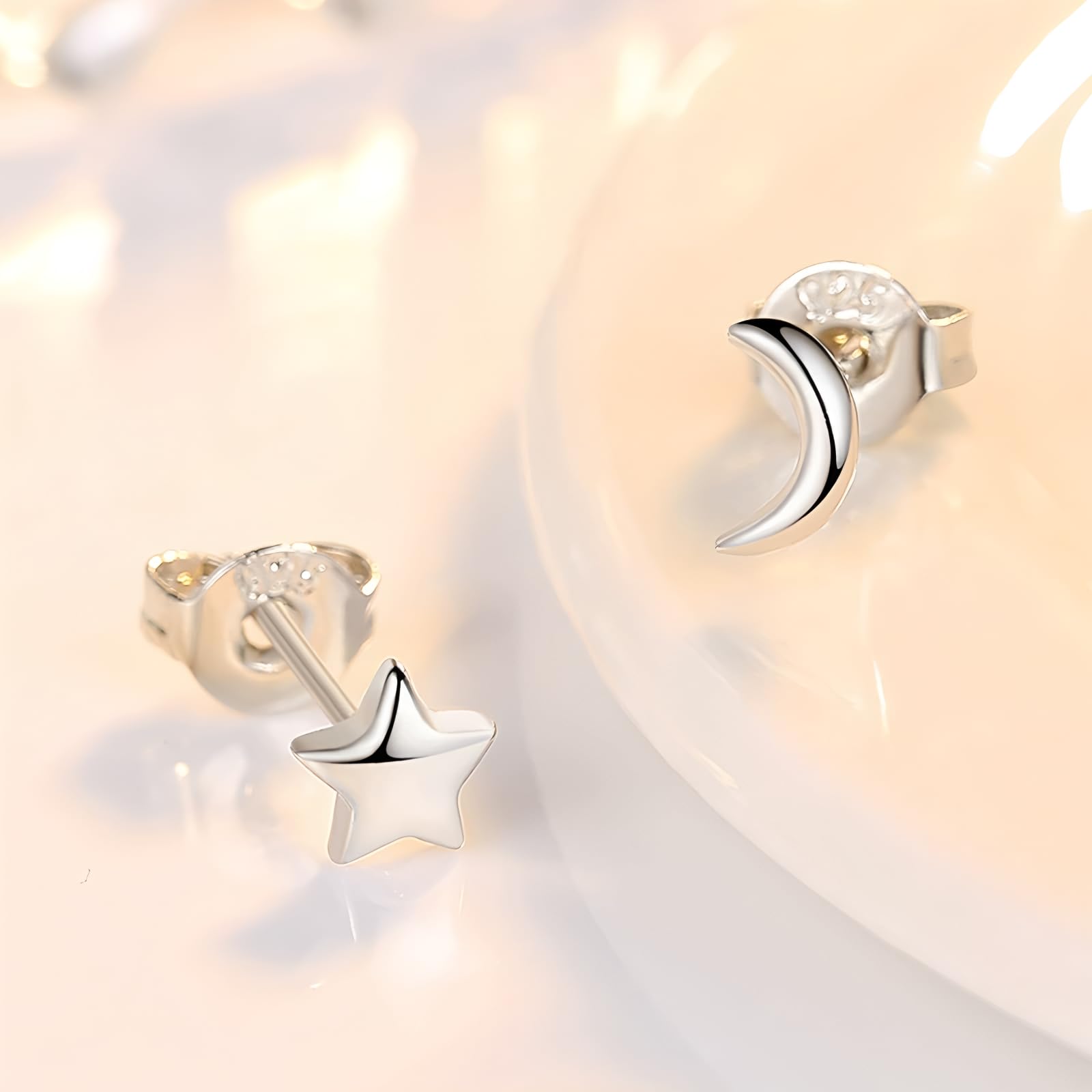 4 Paia Orecchini in Argento 925 Orecchini Stella e Luna | Ipoallergenic Piccoli con Cubic Zirconia Orecchini Argento per Donna e Ragazze