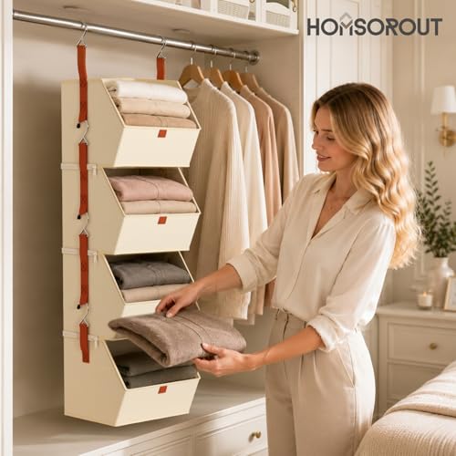 Image of Homsorout Hanging Closet Organizer 4 Tier - Clothes Hanging Shelves, Space-Saving Closet System, Fabric Storage Bins Bedroom Organization, Collapsible Baskets for Home, Dorm, Rv, Beige
