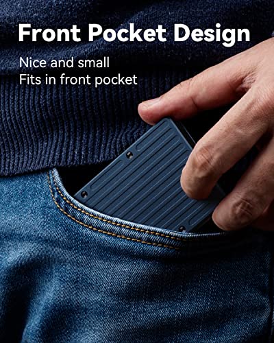 Minimalist Slim Metal Mens Wallet - RFID Blocking Credit Card Holder with Cash Strap and Lanyard - Aluminum Small Thin Front Pocket Wallet (Metalblue)2