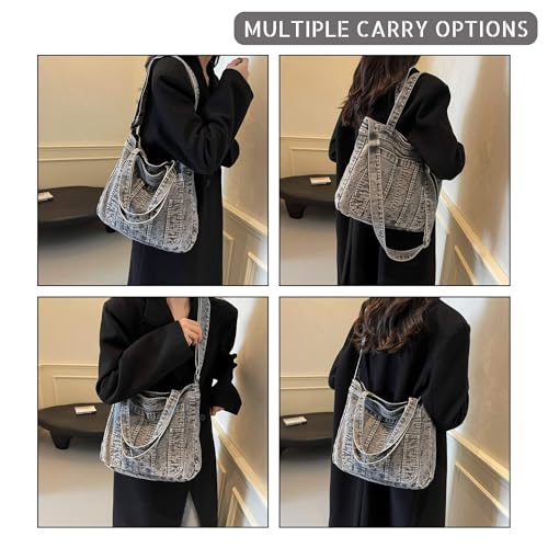 Y2K Denim Tote Bag for Women, Washable Canvas, Multi-Way Carry Hand Shoulder Crossbody Bag, Lightweight for Work Travel3