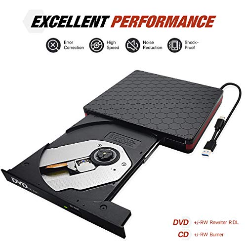 External CD/DVD Drive USB 3.0 Type-C Portable R/W Optical Drive Slim CD DVD Burner Recorder CD ROM for Laptop/MacBook/Desktop/MacOS/Windows10/8/7 (#Black)