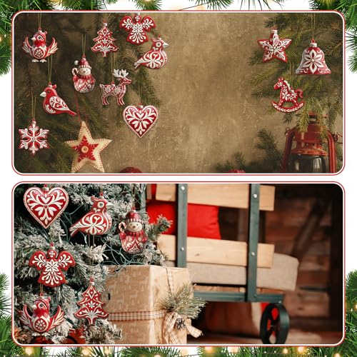Amyhill 24 Pcs Nordic Christmas Wooden Ornaments Set with Lanyard Scandinavian Noel Cardinal Snowman Heart Snowflake Hanging Ornaments for Christmas Tree Decorations Winter Party - Image 6