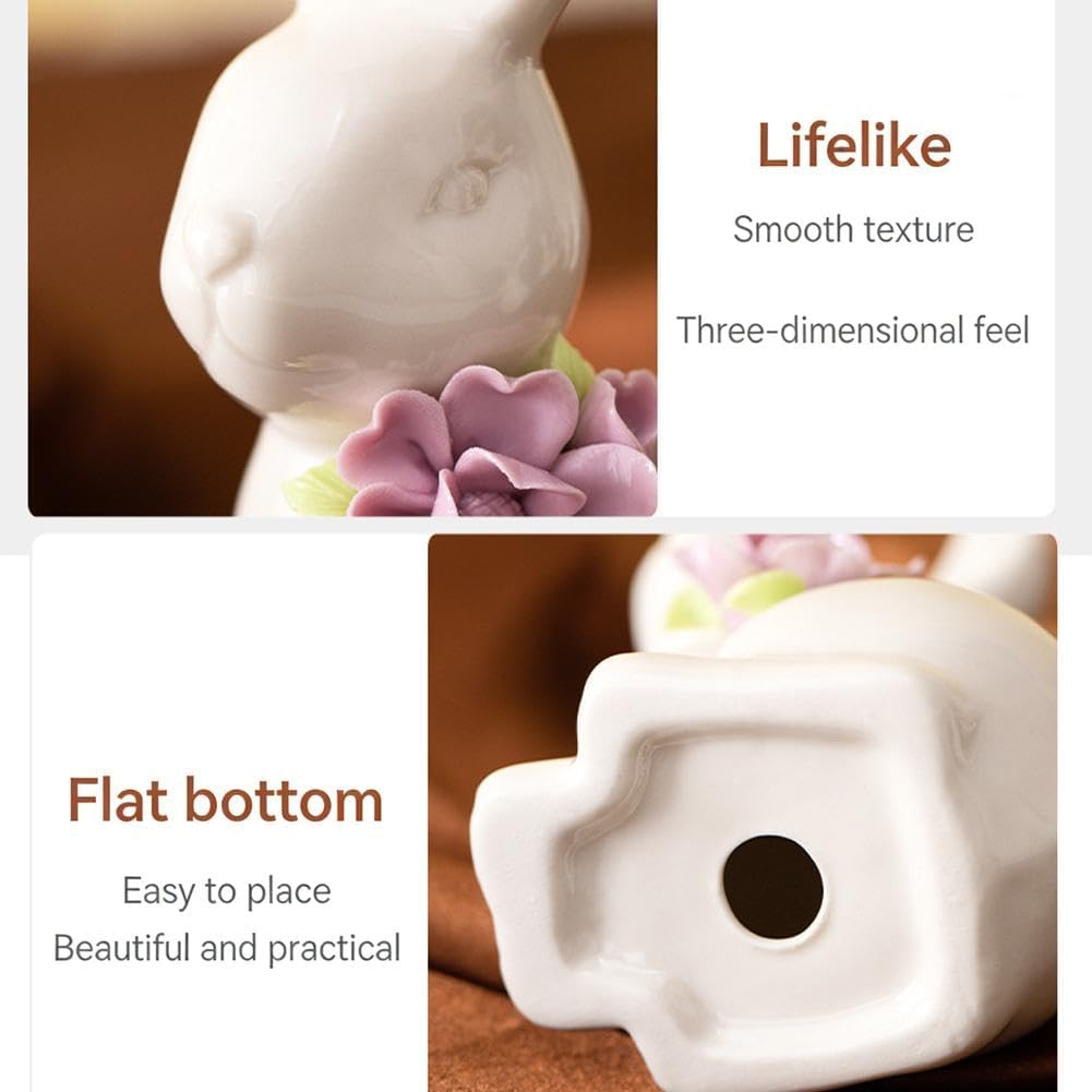 Statuetta in ceramica a forma di coniglietto bianco con fiori per primavera, Pasqua, casa, ufficio, scrivania, mensola decorativa