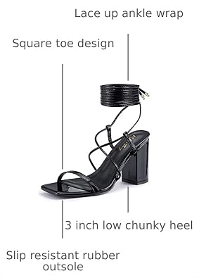 Elisabet Tang Women's Strappy Chunky Heels Sandals, 3 inch Low Block Heels Lace Up Ankle Wrap Heels Square Open Toe Tie Up Heeled Sandals Shoes